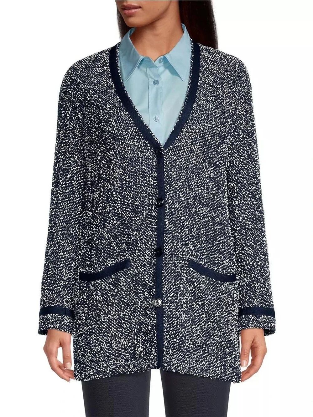 BOSS Hugo Boss Jienna Bouclé Speckled Cardigan Womens 18 Navy White Cotton Blend
